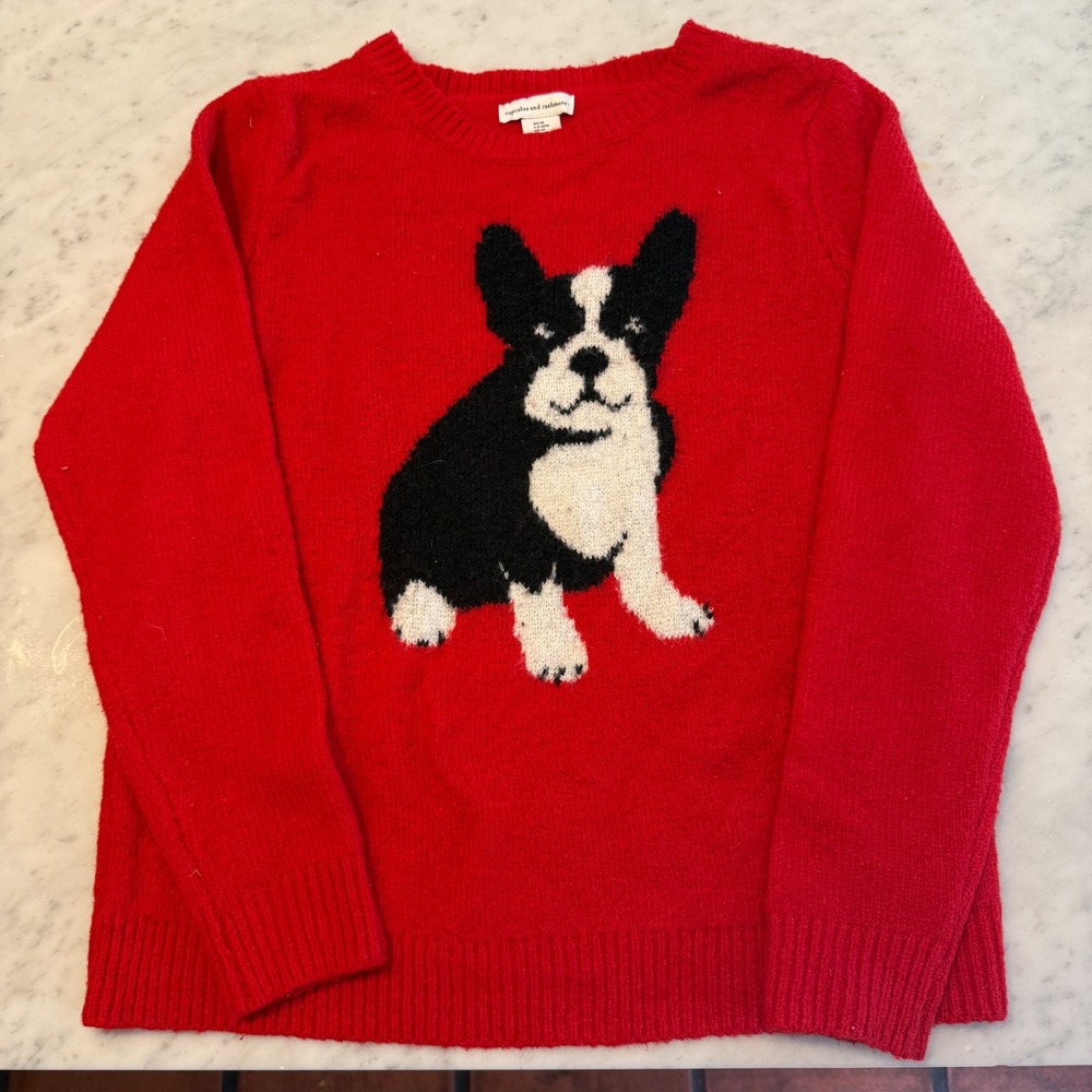 Cupcakes and Cashmere Red French Bulldog Intarsia Knit Sweater Womens Medium